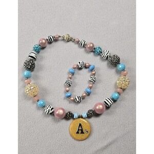 Girls Chunky Beaded Necklace And Matching Bracelet With An‎ "A"